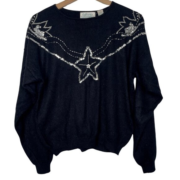 Vintage Sweaters - Vintage 80s Angora Rabbit Hair Sweater with Rhinestone and Sequin Embellishments